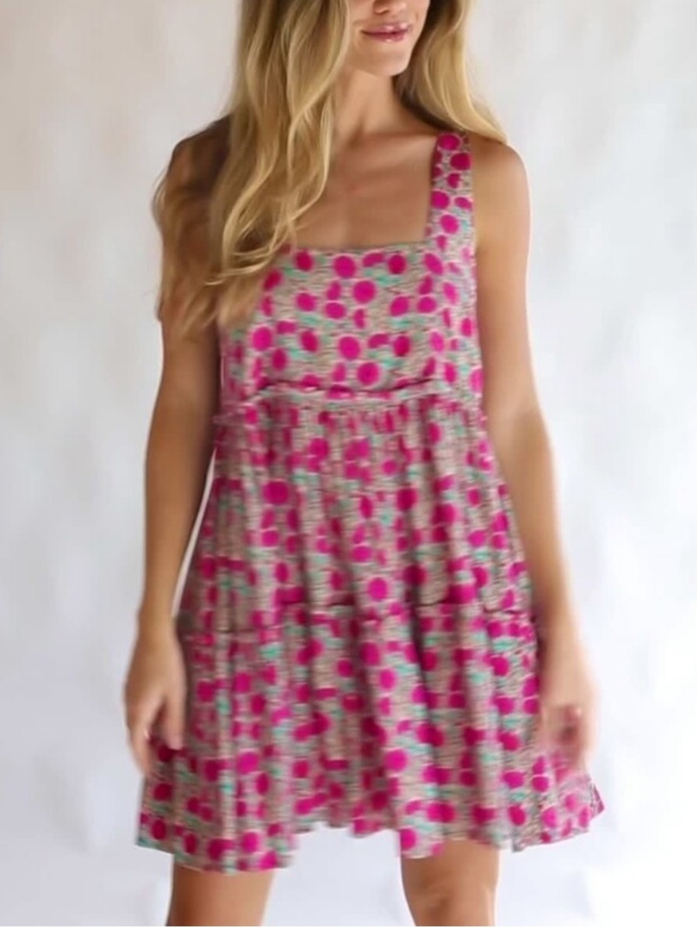 Natural Life Pink Puff Floral Tiered Mini Dress Sleeveless Square Neckline-Small